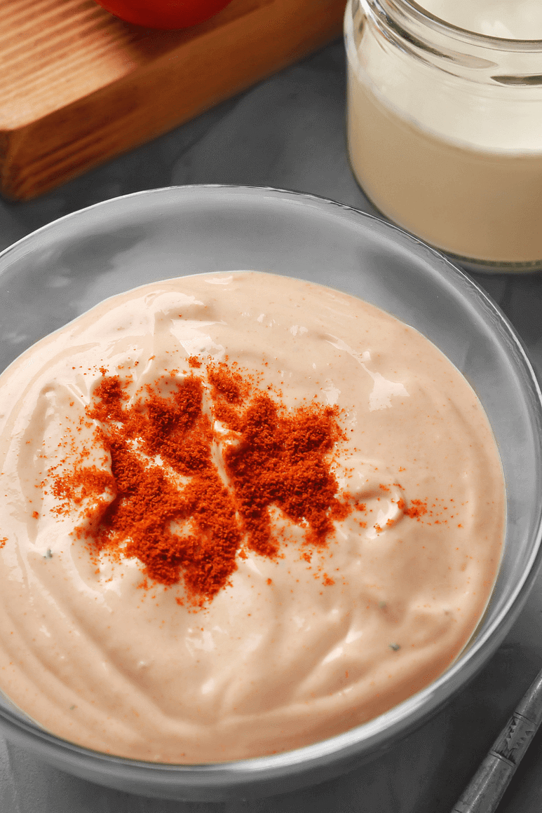 vegan Yum Yum Sauce recipe with a bit of paprika dusted on top! 